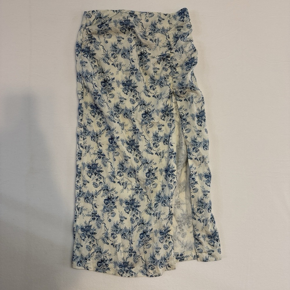 LIAWomens Midi Wrap Skirt Medium Blue White Floral Toile Cottagecore Slit Tencel